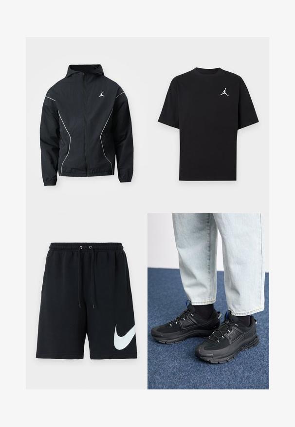 Chaqueta cortavientos negra con capucha, costuras de acento blancas y un logotipo bordado en el pecho. Puños y dobladillo elásticos para un ajuste ceñido.; Camiseta de algodón negra con mangas cortas, que presenta un logo Jumpman blanco en el lado izquierdo del pecho. Cuello redondo, corte regular y textura suave.; Shorts de algodón negros con cinturilla elástica, cordón, bolsillos laterales y un gran logo blanco de Nike impreso en el lado izquierdo.; Zapatillas deportivas negras con tejido texturizado y suelas de goma, con cordones elásticos y un acento azul en el talón. Combinadas con pantalones de mezclilla claros.
