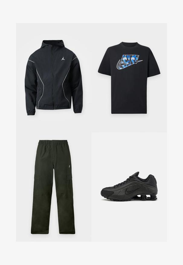 Schwarze Windjacke mit Kapuze, weißen Akzentnähten und gesticktem Logo auf der Brust. Elastische Bündchen und Saum für eine enganliegende Passform.; Schwarzes T-Shirt mit kurzen Ärmeln, auf der Brust ist ein stilisierter "AIR"-Schriftzug in Blau und Weiß sowie das Nike-Swoosh-Logo abgebildet.; Cargo-Hosen aus dunkelgrünem Stoff mit elastischem Bund, ausgestattet mit zwei seitlichen Taschen und einem kleinen Logo auf der Vorderseite.; Schwarze Laufschuhe mit einem glatten synthetischen Obermaterial, durchbrochenen Akzenten, strukturierten Seitenpaneelen und einer ausgeprägten federnden Sohle.