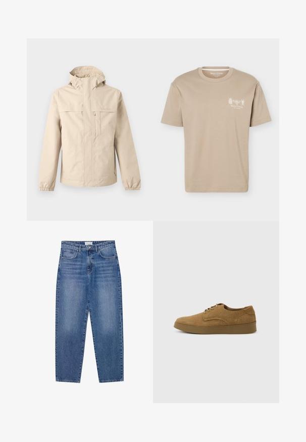 Chaqueta beige con capucha, cremallera frontal, solapa en el bolsillo del pecho, puños elásticos y un sutil logo de Timberland en el pecho y la manga.; Camiseta beige de manga corta con cuello redondo, con pequeños gráficos de insectos y el logo "Marc O'Polo" en el pecho izquierdo.; Vaqueros de mezclilla azul con un diseño de cintura alta y pierna recta, en acabado desgastado. Presenta cinco bolsillos y un cierre de botón.; Zapato casual marrón de ante con cordones y suela de goma plana, visto de lado sobre un fondo claro y liso.