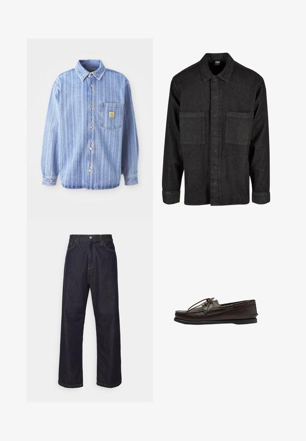 Lyseblå denimskjorte med vertikale hvide striber, spids krave, knaplukning fortil, en enkelt brystlomme og Carhartt-logo-patch.; Sort denimskjorte med krave, frontknaplukning og to brystlommer. Har lange ærmer med knapmanchetter og en solid tekstur.; Mørkeblå lige ben denim jeans med gul syning, frontknap, lynlås og fem-lommer design.; Brune læder bådsko med snørebånd, mokkasin-lignende syning, gummisål og metaløjer til snøring. Lavprofil design.