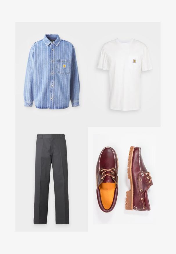 Chemise en jean bleu clair avec des rayures blanches verticales, col pointu, boutonnage sur le devant, poche poitrine unique et patch logo Carhartt.; T-shirt en coton blanc à manches courtes, avec une poche poitrine et un petit patch logo carré en orange et blanc sur la poche.; Pantalon gris foncé à jambes droites avec un devant plat et sans poches visibles, présenté sur un fond blanc uni.; Chaussures en cuir bourgogne avec semelles en caoutchouc marron, bout rond, couture blanche et œillets dorés. L'intérieur présente une doublure jaune.