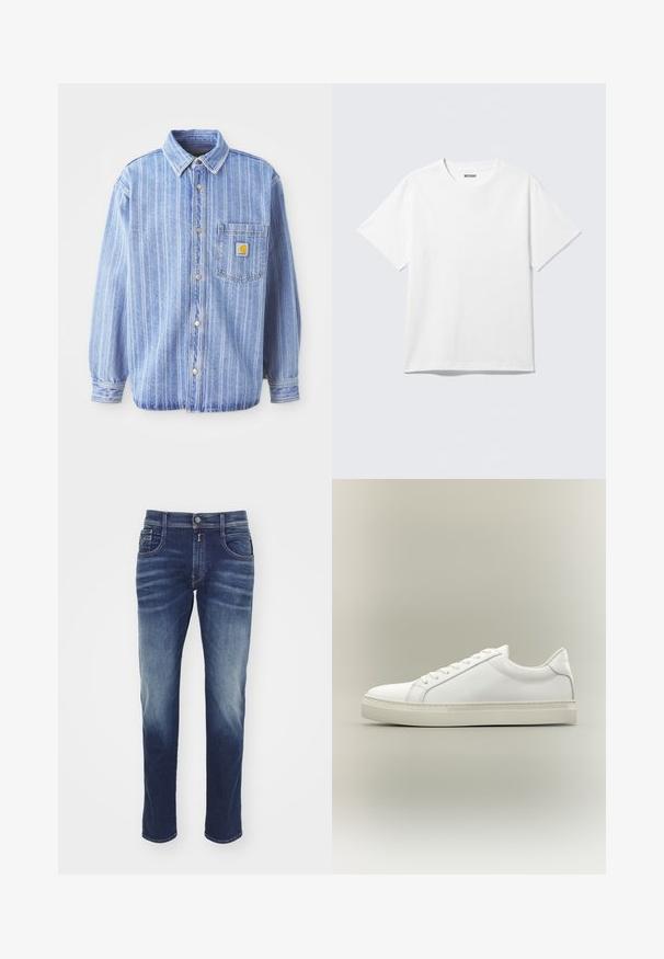 Lyseblå denimskjorte med vertikale hvide striber, spids krave, knaplukning fortil, en enkelt brystlomme og Carhartt-logo-patch.; Hvid kortærmet crewneck T-shirt lagt fladt ud, ensfarvet design, med "WEEKDAY" mærkat inde i kraven på en lys baggrund.; Mørkeblå denim jeans med lige ben, let slidte områder, fem lommer, knaplukning og syede detaljer langs sømmene.; Hvid lavtop sneaker med snørebånd foran og tyk sål, vist fra siden mod en neutral baggrund.