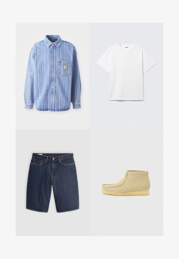Camisa de denim azul claro con rayas verticales blancas, cuello tipo polo, cierre frontal abotonado, un bolsillo en el pecho y parche con el logo de Carhartt.; Camiseta blanca de manga corta con cuello redondo, colocada plana, diseño liso, con etiqueta "WEEKDAY" en el interior del cuello sobre un fondo claro.; Pantalones cortos de mezclilla en azul oscuro, con un diseño clásico que incluye cinco bolsillos, costuras cosidas, cierre de botón y bolsillos traseros curvados.; Mocasín beige de ante a la altura del tobillo con suela de crepé y cordones delanteros, colocado sobre un fondo liso gris claro.