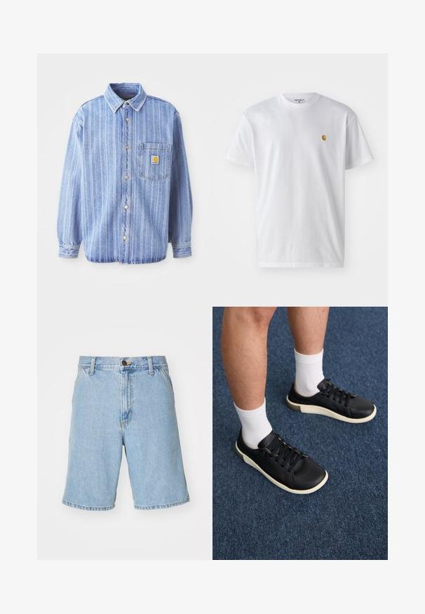 Lichtblauwe denimoverhemd met verticale witte strepen, puntkraag, knoopsluiting aan de voorkant, een enkele borstzak en Carhartt-logo patch.; Witte katoenen t-shirt met korte mouwen en ronde hals, voorzien van een klein gouden logo op de linkerkant van de borst. Zachte textuur en een normale pasvorm.; Lichtblauwe denim shorts met een relaxte pasvorm, voorzien van een ritssluiting, knoopsluiting en vier zakken. De stof heeft een zachte textuur.; Zwarte sneaker van glad leer, met een witte zool, zes oogjes met zwarte veters en een subtiele beige accent bij de hiel.