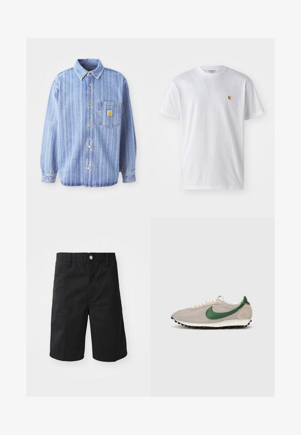 Lyseblå denimskjorte med vertikale hvide striber, spids krave, knaplukning fortil, en enkelt brystlomme og Carhartt-logo-patch.; Hvid bomulds t-shirt med korte ærmer, rund hals og et lille guld logo på venstre brystområde. Blød tekstur og almindelig pasform.; Sorte bomuldsshorts med lige snit, bæltestropper, metalknaplukning og uden synlige mønstre eller accenter.; Beige løbesko med grønne ruskindsdetaljer, struktureret mesh-overdel, cremefarvede snørebånd og sort gummisål med trækkraftsstifter.