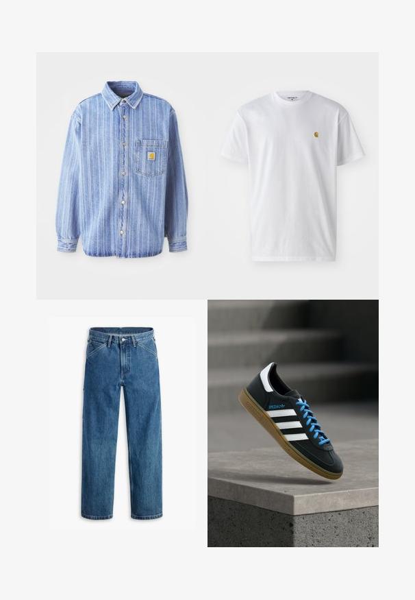 Hellblaues Jeanshemd mit vertikalen weißen Streifen, Punktkragen, Knopfverschluss, einer Brusttasche und Carhartt-Logo-Label.; Weißes Baumwoll-T-Shirt mit kurzen Ärmeln, Rundhalsausschnitt, mit einem kleinen goldenen Logo im linken Brustbereich. Weicher Stoff und normale Passform.; Blaue Jeans mit geradem Bein, Vordertaschen, Gürtelschlaufen, Metallknopf und Reißverschluss auf weißem Hintergrund.; Schwarzer Adidas-Sneaker mit weißen Streifen, blauen Schnürsenkeln und Gummisohle, der über einer grauen Betontreppe im weichen Licht schwebt.