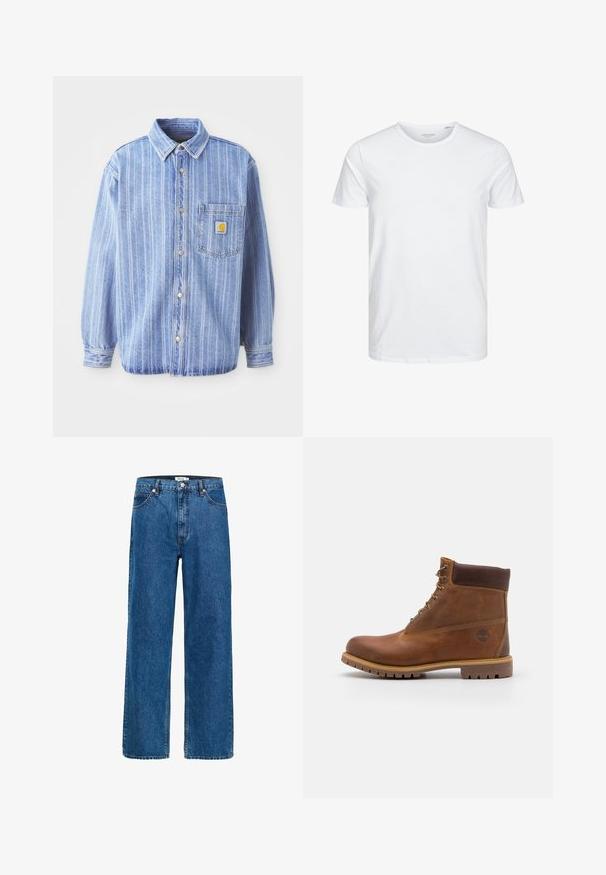 Lyseblå denimskjorte med vertikale hvide striber, spids krave, knaplukning fortil, en enkelt brystlomme og Carhartt-logo-patch.; Rundhals kortærmet t-shirt i ensfarvet hvid, lavet af blød bomuld, har et simpelt design uden synlige mønstre eller detaljer.; Bredde ben jeans i mørk blå denim. Funktionen inkluderer fem lommer, en knaplukning og diskret syning. Glat tekstur med minimal falming.; Brun læder vandrestøvle med en glat finish, polstret ankel, metalliske snørehuller og en gummisål med et robust dækmønster.