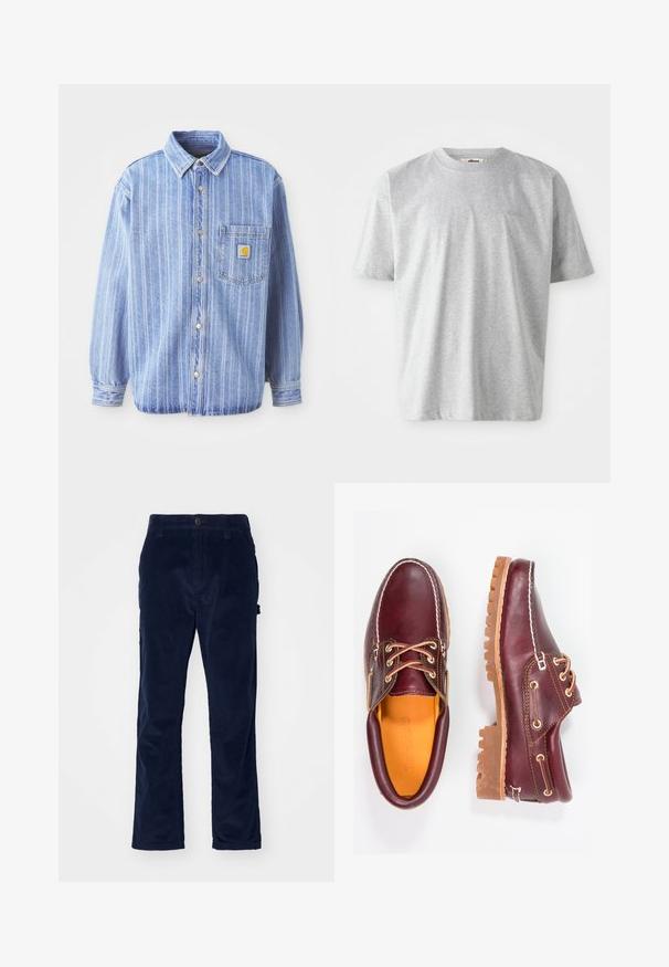 Chemise en jean bleu clair avec des rayures blanches verticales, col pointu, boutonnage sur le devant, poche poitrine unique et patch logo Carhartt.; T-shirt gris à manches courtes en tissu doux. Il présente un col rond et un logo subtil brodé sur le devant.; Pantalon en velours côtelé marine avec une coupe droite, présentant une texture à côtes verticales et une fermeture à bouton à l'avant.; Chaussures en cuir bourgogne avec semelles en caoutchouc marron, bout rond, couture blanche et œillets dorés. L'intérieur présente une doublure jaune.
