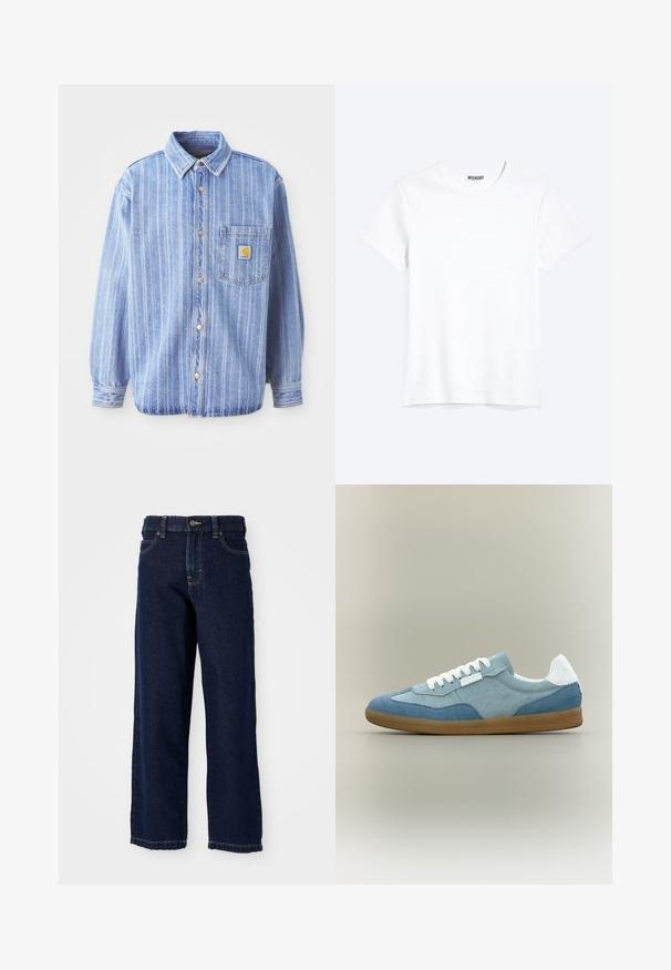 Chemise en jean bleu clair avec des rayures blanches verticales, col pointu, boutonnage sur le devant, poche poitrine unique et patch logo Carhartt.; T-shirt blanc uni à manches courtes et col rond avec une étiquette de la marque WEEKDAY visible au niveau du col, présenté sur un fond clair.; Jean large bleu foncé en denim avec une coupe droite, design à cinq poches et coutures de finition le long de l'ourlet.; Baskets basses décontractées avec des panneaux en tissu bleu clair et bleu foncé, lacets blancs, languette de talon blanche et semelle en caoutchouc marron sur fond neutre.
