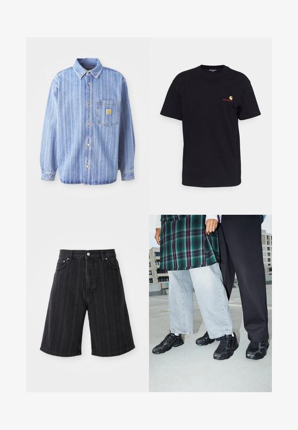 Lyseblå denimskjorte med vertikale hvide striber, spids krave, knaplukning fortil, en enkelt brystlomme og Carhartt-logo-patch.; Sort bomulds T-shirt med korte ærmer, rund hals og lille farverigt logo på venstre bryst. Klassisk snit med en glat tekstur.; Sort denimshorts med bred benvidde, med lodrette striber, forlommer og metalhardware-detaljer.; Sorte atletik sko med mesh- og gummidetaljer. Båret med lysegrå vide jeans og en ternet grøn bluse. Flad overflade i baggrunden.