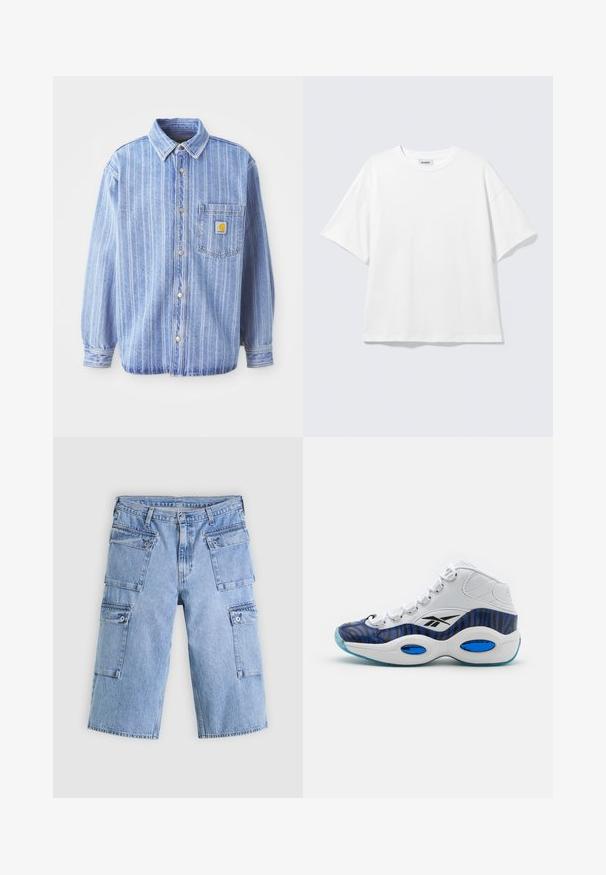 Hellblaues Jeanshemd mit vertikalen weißen Streifen, Punktkragen, Knopfverschluss, einer Brusttasche und Carhartt-Logo-Label.; Weißes oversized T-Shirt mit kurzen Ärmeln und Rundhalsausschnitt mit eingesetzten Schultern, flach auf hellgrauem Hintergrund.; Hellblaue Denim-Cargoshorts mit vier Klapptaschen und Knopfverschlüssen, flach auf einem hellen Hintergrund dargestellt.; Hochschuh mit oberem Teil aus weißem Leder, blauem und schwarzem Zebra-Muster, ausgestattet mit einer hellblauen, durchsichtigen Laufsohle.