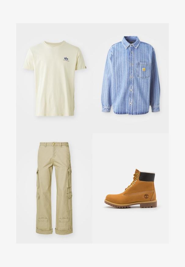 Camisa de denim azul claro con rayas verticales blancas, cuello tipo polo, cierre frontal abotonado, un bolsillo en el pecho y parche con el logo de Carhartt.; Camiseta beige de manga corta con cuello redondo y pequeño logo azul de Alpha Industries en la parte superior izquierda del pecho.; Pantalones cargo beige confeccionados en tela duradera, con múltiples bolsillos laterales, cierre de botón y un ajuste holgado.; Botín de cuero marrón con ojales de metal, forro de piel sintética blanca, cuello acolchado negro, suela resistente y logotipo en relieve en el costado.