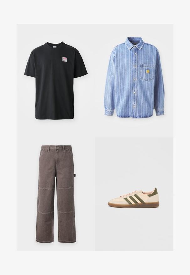 Hele sinine denim särk, millel on vertikaalsed valged triibud, punktkaelus, nööbiga eesmine osa, üks rinna tasku ja Carhartti logo silt.; Must musternärviga T-särk ümarate krae, lühikeste varrukatega ning vasakul rinnal väike värviline etikett sõnaga "SUPERIOR."; Laiad püksid tuhmidest pruunides toonides, valmistatud vastupidavast kangast, millel on kontrastne õmblus. Omab paneelide detailimist ja küljetaskut.; Madalprofiilne beež Adidas Spezial toss rohelist värvi triipude, kummist tallaga ja "SPEZIAL" brändinguga küljel, nähtav välisküljelt.