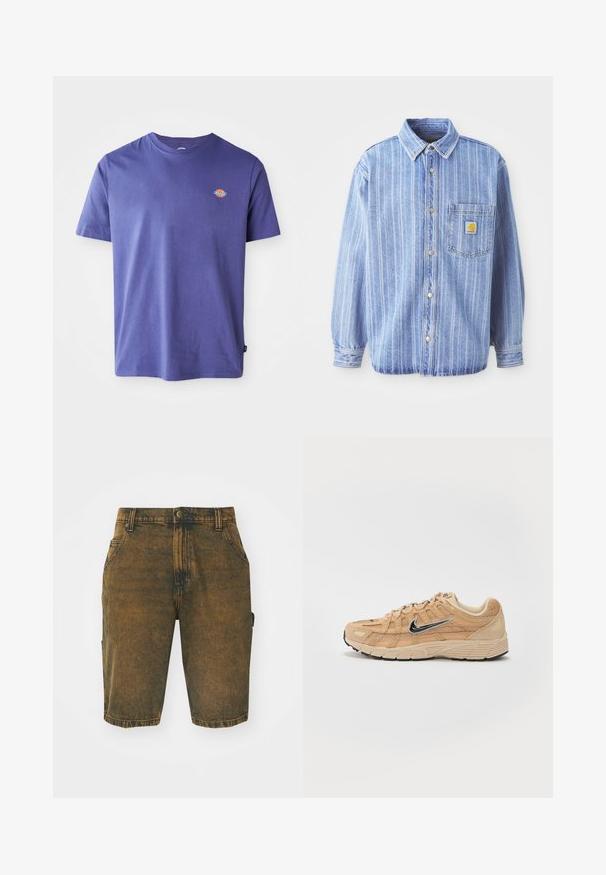 Camisa de denim azul claro con rayas verticales blancas, cuello tipo polo, cierre frontal abotonado, un bolsillo en el pecho y parche con el logo de Carhartt.; Camiseta de algodón morada con cuello redondo y mangas cortas. Presenta un pequeño logo en el pecho. Textura suave, ajuste casual.; Pantalones cortos de mezclilla en un color marrón desgastado con una textura ligeramente desgastada. Cuenta con trabillas para el cinturón, bolsillos frontales y un bolsillo tipo cargo en el lateral.; Zapatilla deportiva beige con materiales de malla y ante, silueta curva, suela negra, prominente logo plateado de Nike en el lateral y acentos texturizados.