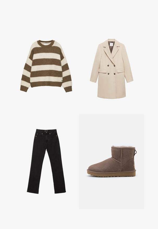 Manteau beige à double boutonnage avec un col cranté, deux poches avant et des boutons noirs. Fabriqué à partir d'un tissu lisse avec une silhouette structurée.; Pull en maille rayé marron et crème avec un col rond, une coupe oversize, et des poignets et un ourlet côtelés. Tissu doux et texturé.; Jean en denim noir avec une coupe droite, cinq poches et de subtils rivets en cuivre. Fabriqué en tissu en coton robuste.; Bottine en suède marron avec une doublure en polaire douce, un bout arrondi, des détails cousus et une semelle en caoutchouc texturée pour une meilleure adhérence.