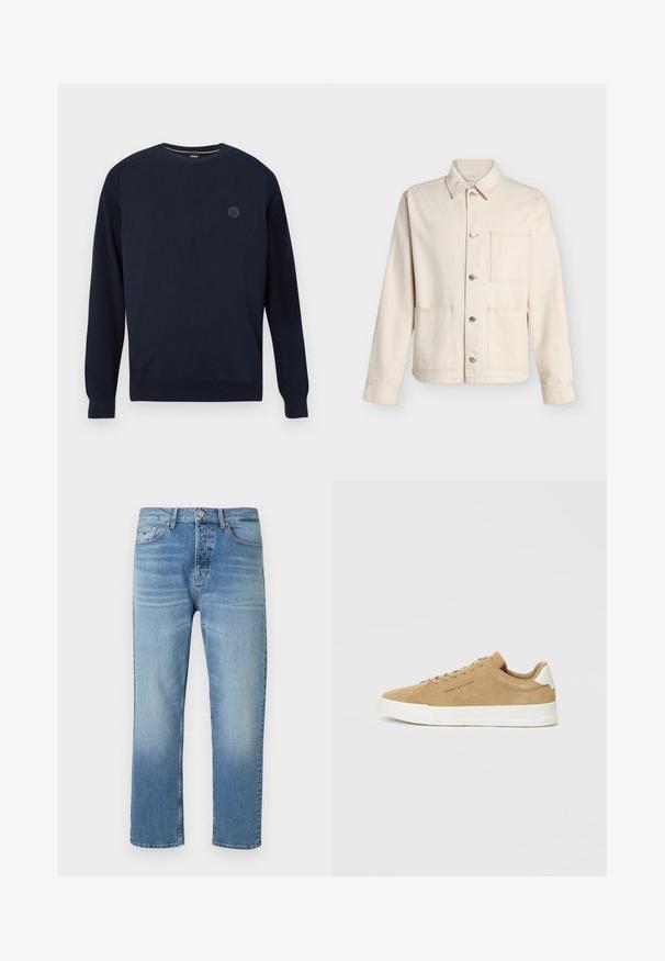 Beige jakke med knapper, krave og tre forlommer, vist mod en hvid baggrund.; Marineblå crewneck sweater lavet af strikket stof, med ribbede manchetter og kant. Et rundt logo er placeret på brystet.; Lysblå denim jeans med lige ben, der har en falmet vask, fem lommer og metalknaplukning. Kontrastsying detalje.; Beige ruskinds sneakers med en hvid gummisål, rund tå, flade snørebånd og et diskret logo på siden. Glat tekstur og minimalistisk design.