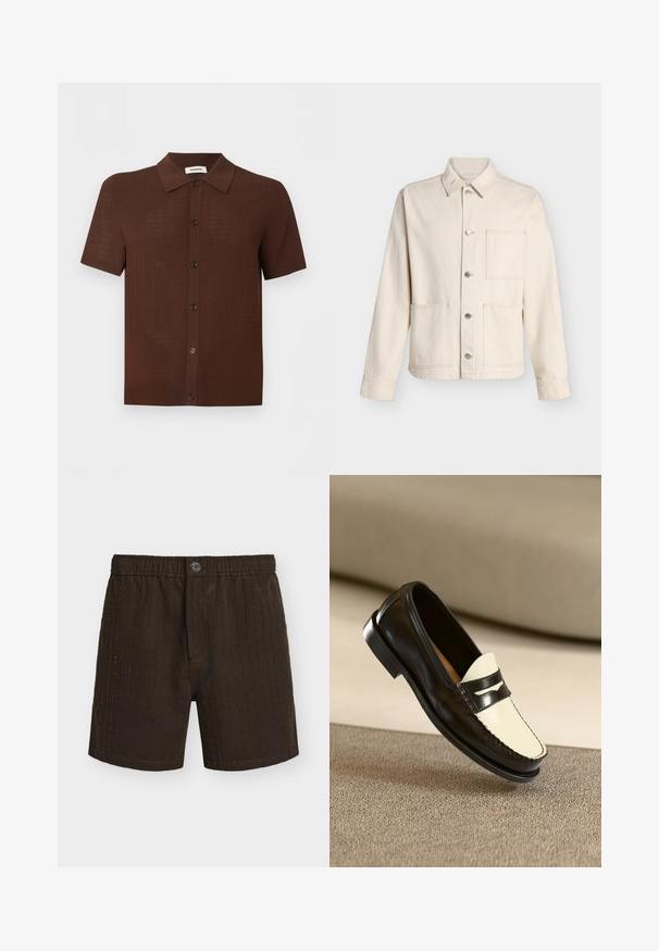 Veste beige boutonnée avec col et trois poches plaquées devant, présentée sur fond blanc uni.; Chemise marron à manches courtes avec boutons, motif texturé et col classique, présentée sur un fond clair uni.; Boxers en coton brun foncé avec des lignes verticales cousues, ceinture élastique et fermeture braguette avec un seul bouton.; Mocassin en cuir noir avec un empeigne crème et des rayures noires, présentant un petit talon et des coutures détaillées le long des bords.