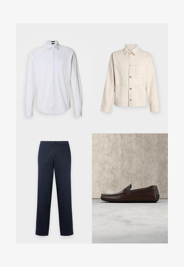 Beige jasje met knopen, kraag en drie opgestikte voorkantzakken, afgebeeld tegen een effen witte achtergrond.; Wit overhemd met lange mouwen in een blauw geruit patroon. Voorzien van een klassieke kraag en een borstzak. Gladde stof met een gestructureerde pasvorm.; Donkerblauwe mannenbroek met rechte pijpen, riemlussen, knoopsluiting aan de voorkant en zijzakken, weergegeven op een effen lichte achtergrond.; Bruine lederen instappers met een gladde afwerking, moccasin-stijl stiksels, een verhoogde neus en een lage, flexibele rubberen zool.