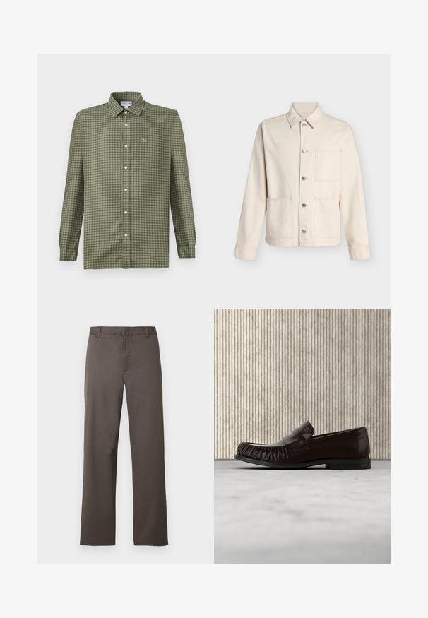 Chaqueta beige abotonada con cuello y tres bolsillos parche delanteros, mostrada sobre un fondo blanco liso.; Camisa de cuadros verdes de botones con cuello, mangas largas y un pequeño logo de Lacoste en el lado izquierdo del pecho. Hecha de un tejido ligero.; Pantalones de algodón marrón con diseño de pierna recta, con trabillas para cinturón y textura suave. Sin patrones visibles ni detalles de herrajes.; Mocasín de cuero marrón oscuro con detalles cosidos, flotando sobre una alfombra beige, con una mesa redonda brillante de color ámbar en el fondo.