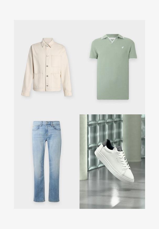 Beige jasje met knopen, kraag en drie opgestikte voorkantzakken, afgebeeld tegen een effen witte achtergrond.; Lichtgroen poloshirt met korte mouwen en witte rand op kraag en manchetten, V-halsdetail en klein wit vogel-logo op de borst.; Lichtblauwe denim jeans met een rechte pasvorm, vijf zakken, zichtbare stiksels en een vervaagde afwerking nabij de dijen en knieën.; Witte leren sneaker met zwarte hiel en tong, veterontwerp, GANT-logo op de zijkant en de tong, weergegeven in een moderne binnenruimte.