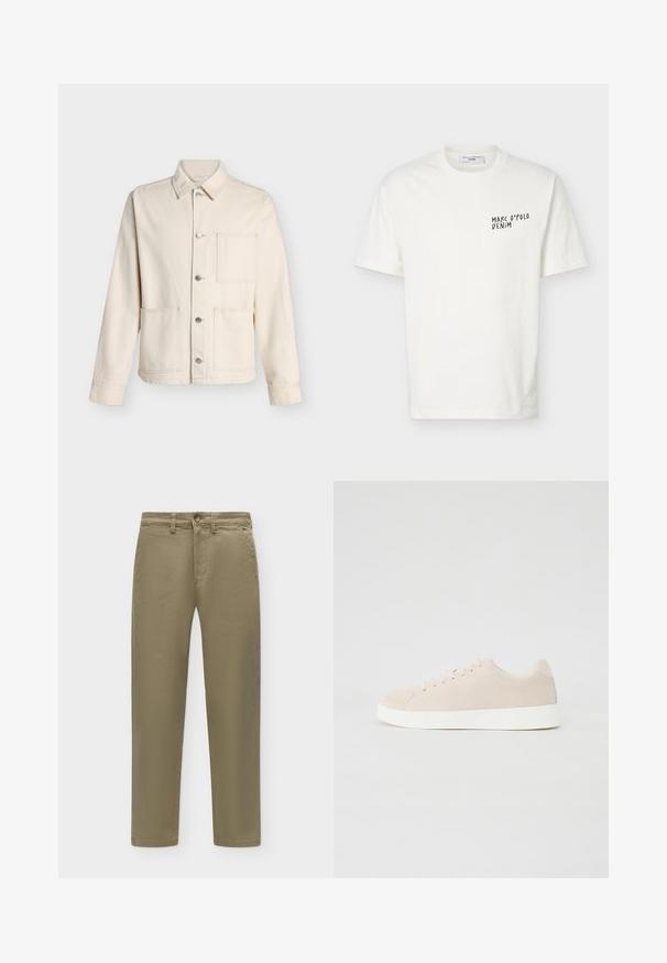 Veste beige boutonnée avec col et trois poches plaquées devant, présentée sur fond blanc uni.; T-shirt blanc à manches courtes et col rond avec le logo "Marc O’Polo Denim" imprimé en noir sur le côté gauche de la poitrine.; Pantalon droit kaki avec bouton et fermeture éclair, passants de ceinture et poches latérales sur un fond clair uni.; Baskets en daim beige avec semelles en caoutchouc blanc, bout rond et six œillets pour les lacets. Texture lisse avec un design minimaliste.