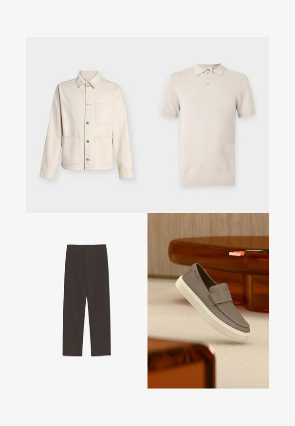 Veste beige boutonnée avec col et trois poches plaquées devant, présentée sur fond blanc uni.; Polo à manches courtes, couleur beige clair, avec un tissu texturé, une patte de boutonnage à trois boutons, et un col et un ourlet côtelés assortis.; Pantalon marron foncé en tissu doux, doté d'une coupe à jambe droite, de plis sur le devant et d'une fermeture à un seul bouton à la taille.; Chaussure gris en daim à enfiler avec semelle blanche suspendue au-dessus d'un tapis beige, avec un meuble orange translucide en arrière-plan.