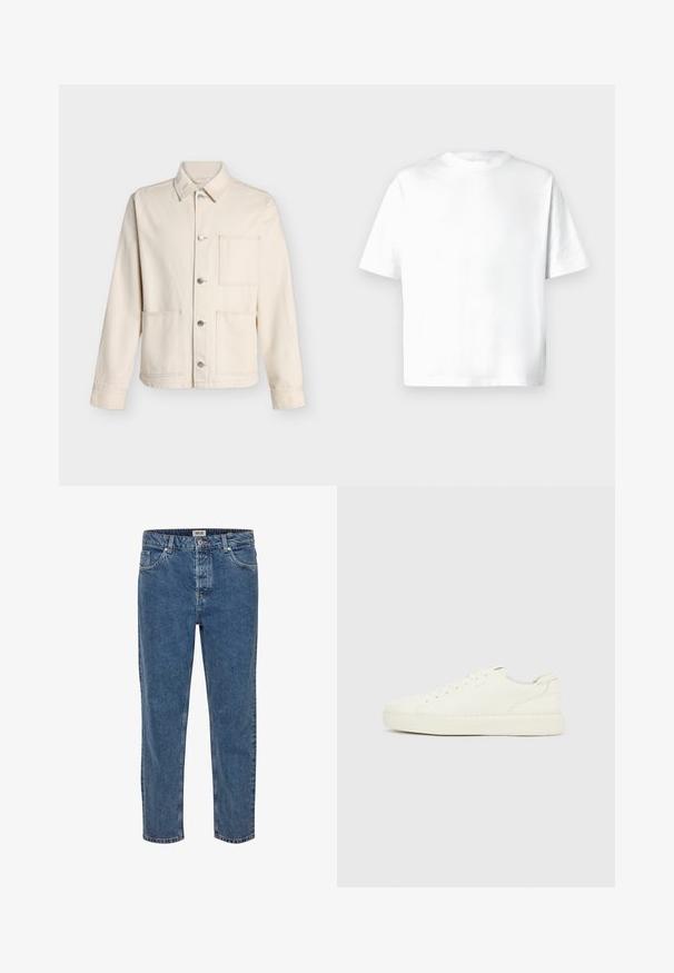 Veste beige boutonnée avec col et trois poches plaquées devant, présentée sur fond blanc uni.; T-shirt blanc à manches courtes en coton doux, doté d'un col rond et d'une coupe décontractée sans motifs ni graphiques. Texture lisse.; Jeans en denim bleu à coupe droite. Présente cinq poches, une fermeture à bouton et des coutures contrastées. Le tissu a une texture classique.; Baskets basses blanches avec laçage à l'avant, dessus en cuir lisse et semelle épaisse en caoutchouc, vues de côté extérieur sur un fond uni.