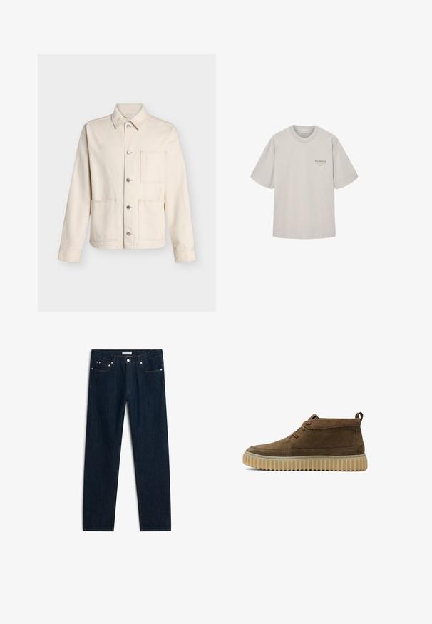 Chaqueta beige abotonada con cuello y tres bolsillos parche delanteros, mostrada sobre un fondo blanco liso.; Camiseta gris de manga corta hecha de algodón. Presenta un cuello redondo y un pequeño logotipo impreso en el pecho en gris oscuro. Corte relajado.; Vaqueros de mezclilla azul oscuro de pierna recta con bolsillos delanteros, trabillas para cinturón y cierre con botón.; Botines de ante marrón con punta redondeada, costuras mínimas y suela de goma gruesa y texturizada. Presenta un diseño de cordones y una pestaña en el talón.