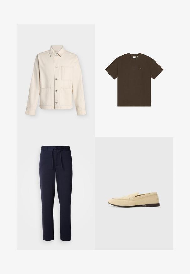 Chaqueta beige abotonada con cuello y tres bolsillos parche delanteros, mostrada sobre un fondo blanco liso.; Camiseta marrón de manga corta y cuello redondo con pequeño texto beige "LES DEUX" en el pecho izquierdo, mostrada sobre fondo blanco.; Joggers azul marino hechos de una tela suave, con una cinturilla elástica y cordón, forma de pierna ajustada y sin patrones ni bolsillos visibles.; The Antipode Zapatos sin cordones - cream
