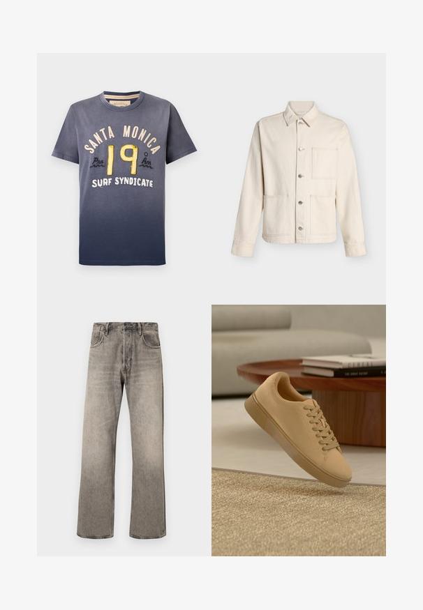 Beige Jacke zum Knöpfen mit Kragen und drei aufgesetzten Taschen vorne, vor weißem Hintergrund gezeigt.; Dunkelblaues Baumwoll-T-Shirt mit Verlaufseffekt, bedruckt mit "SANTA MONICA" und "19" in gelber und cremefarbener Stickerei, Rundhalsausschnitt, kurze Ärmel.; Hellgraue, weit geschnittene Jeans aus Denim mit einem verwaschenen Finish. Verfügt über ein traditionelles Five-Pocket-Design und einen Gürtelschlaufenbund.; Beiger geschnürter Sneaker, der über einem strukturierten Teppich mit Holzcouchtisch und gestapelten Büchern im verschwommenen Hintergrund schwebt.