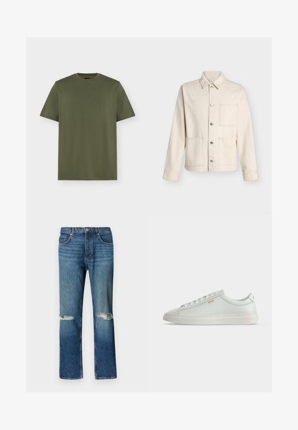 Veste beige boutonnée avec col et trois poches plaquées devant, présentée sur fond blanc uni.; T-shirt vert olive à manches courtes et col rond avec un logo discret "BOSS" centré sur la poitrine, design uni sur fond gris clair.; Jean en denim bleu à jambe droite avec des déchirures usées sur les deux genoux, fermeture à boutons sur le devant et design à cinq poches.; Baskets basses blanches en cuir avec lacets, semelle plate et petit logo doré "BOSS" sur le côté, vues de l'extérieur.