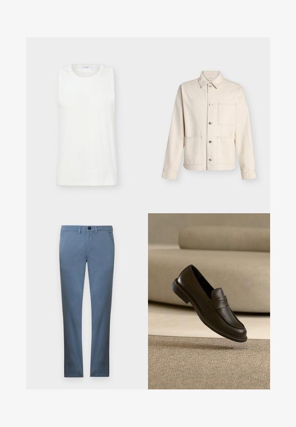 Veste beige boutonnée avec col et trois poches plaquées devant, présentée sur fond blanc uni.; Haut blanc sans manches à col rond en tissu lisse, présenté à plat sur un fond clair.; Pantalon bleu clair à jambe droite avec fermeture à bouton, devant plat et poches latérales ; fabriqué en tissu lisse et léger.; Un seul mocassin en cuir brun foncé flottant au-dessus d’un tapis texturé beige, avec un canapé beige flou en arrière-plan.