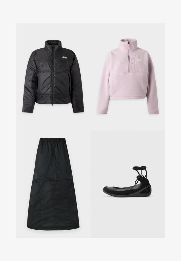 Black zip-up insulated jacket with stand collar, side pockets, and The North Face logo on the left chest.; Light purple fleece pullover with long sleeves, stand-up collar, quarter zip, and chest pocket with The North Face logo.; Black athletic skirt made of lightweight, smooth nylon fabric. Features an elastic waistband and a simple, long, A-line design.; Black ballet flats with a suede upper, rubber sole, and crisscross lacing. Featuring a rounded toe and a textured side accent.