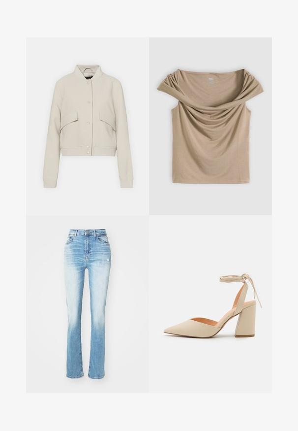 Veste bomber beige clair en tissu mélangé coton, avec un col côtelé, deux poches avant et une fermeture à boutons-pression.; Haut beige sans manches avec un large décolleté tombant sur les épaules, confectionné dans un tissu doux et léger.; Jean en denim bleu clair avec une taille haute, coupe droite, un léger délavage et un style classique à cinq poches. Accents usés présents.; Chaussure à talons aiguilles beige avec un bout pointu, une bride de cheville et un large talon bloc. Matériau synthétique lisse avec une finition mate.