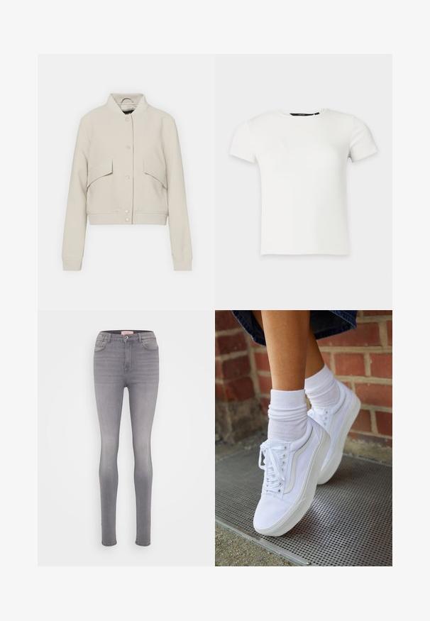 Licht beige bomberjack gemaakt van een katoenmix, met een ribgebreide kraag, twee voorzakken en een drukknoopsluiting.; Wit geribbeld gebreid T-shirt met korte mouwen en een ronde hals, weergegeven op een effen lichtgrijze achtergrond.; Hoge taille skinny jeans in lichtgrijs denim, met een soepele textuur, vijf zakken en subtiele stiksels.; Witte canvas sneakers met rubberen zolen, voorzien van zes vetertjes, een ronde neus en lichte stikdetails, gecombineerd met witte enkelsokken.