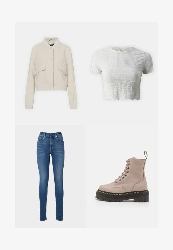 Chaqueta bomber de color beige claro, hecha de una mezcla de algodón, con un cuello acanalado, dos bolsillos frontales y cierre de botones a presión.; ONLY Petite ONLNADIE - Camiseta básica - cloud dancer; Jeans ajustados de color azul fabricados en tela de mezclilla. Cuentan con una cintura alta, diseño de cinco bolsillos y cierre de botón metálico. Color sólido con ligero desvanecimiento.; Botín de tobillo con cordones en cuero rosa claro, que presenta una suela negra gruesa con un detalle de costura amarilla y una lengüeta en la parte posterior.