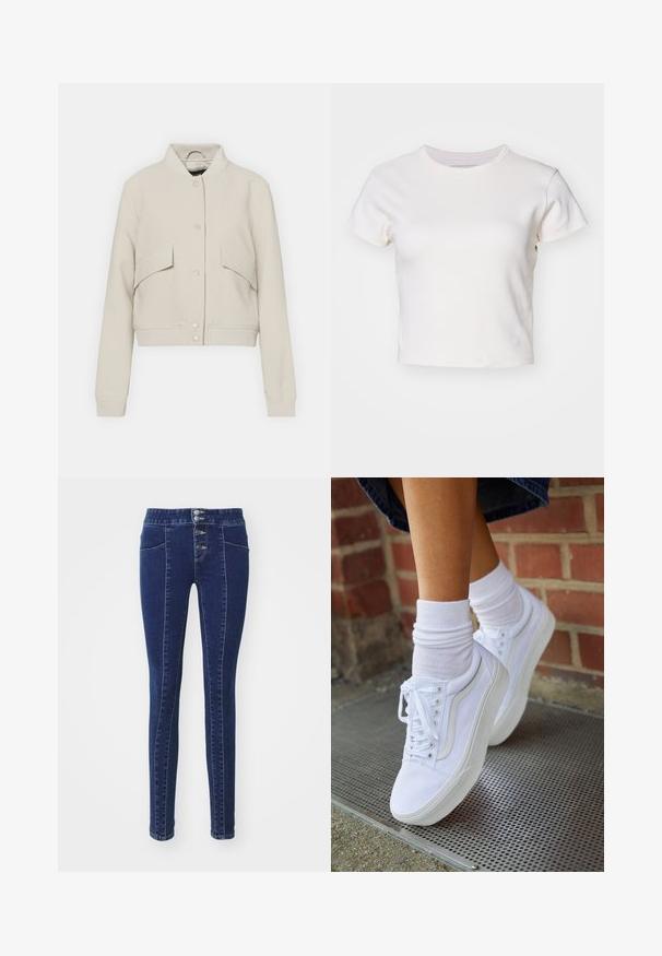 Svetlo béžová bomber bunda vyrobená z bavlnenej zmesi, s rebrovaným golierom, dvoma prednými vreckami a cvokovým zapínaním.; Denim Project DPMDPWRIBBED CROPPED T-SHIRT - Základné tričko - jet stream; Tmavomodré denimové nohavice s vysokým pásom, zatváraním na päť gombíkov, dvoma prednými vreckami a úzkym strihom. Hladká textúra.; Biele plátené tenisky s gumovou podrážkou, s piatimi dierkami na šnúrky, okrúhlou špičkou a svetlými švami, doplnené o biele členkové ponožky.