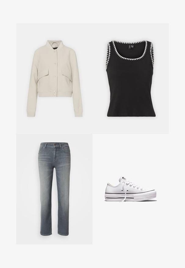 Veste bomber beige clair en tissu mélangé coton, avec un col côtelé, deux poches avant et une fermeture à boutons-pression.; Débardeur noir côtelé avec un col rond et des coutures en zigzag blanches le long des emmanchures et des bords du col.; Jeans en denim gris avec une coupe droite, un design à cinq poches, fermeture à bouton et à zip, et une finition légèrement délavée.; Baskets basses en toile blanche avec lacets blancs, semelle en caoutchouc, détails à rayures noires, et écusson logo sur la languette et le talon.