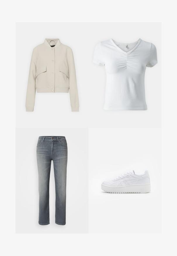 Veste bomber beige clair en tissu mélangé coton, avec un col côtelé, deux poches avant et une fermeture à boutons-pression.; T-shirt blanc à manches courtes avec un col en V et un détail froncé au centre de la poitrine. Fabriqué en tissu doux et léger. Coupe classique.; Jeans en denim gris avec une coupe droite, un design à cinq poches, fermeture à bouton et à zip, et une finition légèrement délavée.; Baskets plateformes blanches avec une texture en cuir lisse, des détails perforés et des lacets plats ; dotées d'une épaisse semelle en caoutchouc blanc.