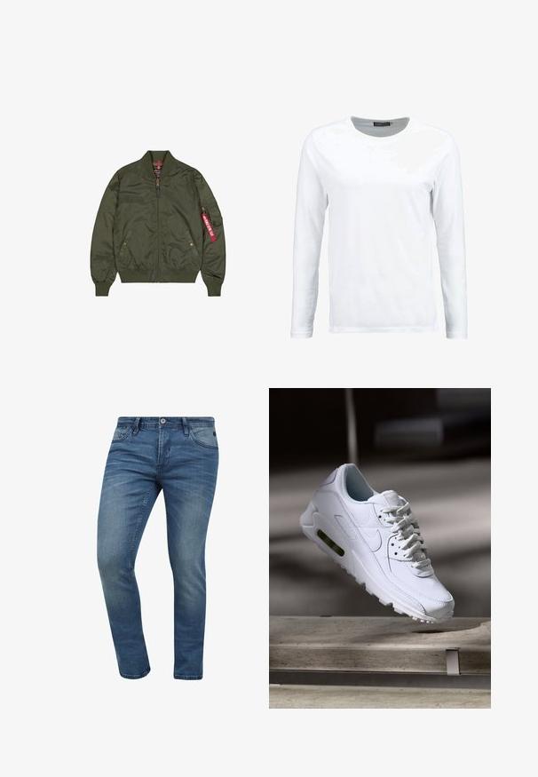 Olivengrøn bomberjakke i shiny nylon med frontlynlås, ribstrikkede manchetter, sidelommer og et rødt mærkat på armen.; Hvid langærmet t-shirt lavet af bomuld, med rund hals og en glat tekstur. Ingen mønstre eller detaljer. Enkel design.; Tætsiddende blå denim jeans med en falmet vask, fem lomme-design og lukning med metalknap. Stoffet har en let tekstur og syninger.; Hvide lædersneakers med teksturerede overflader, polstret krave og synlig luftpolstring i sålen. Har snørrebånd og et minimalistisk design.