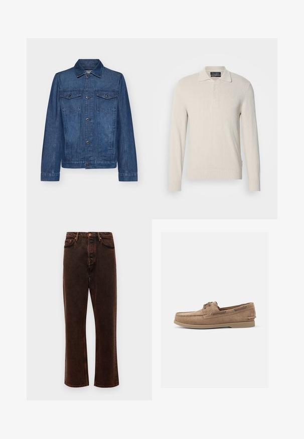 Dunkelblaue Jeansjacke mit Kragen, langen Ärmeln, zwei Brusttaschen und Knopfverschlüssen, die ein klassisches Design und eine robuste Textur aufweist.; Hellbeige Langarm-Polo-Pullover aus weichem Strick mit strukturiertem Finish, ausgestattet mit einem klassischen Kragen und einer Drei-Knopf-Leiste.; Braune Denim-Jeans mit geradem Schnitt, fünf Taschen und klassischem Knopfverschluss. Der Stoff hat eine glatte, strukturierte Oberfläche.; Ziegenveloursleder-Loafer in Tan mit Mokassin-Design, ausgestattet mit Metallösen und einer Gummisohle. Keine sichtbaren Muster oder Akzente.