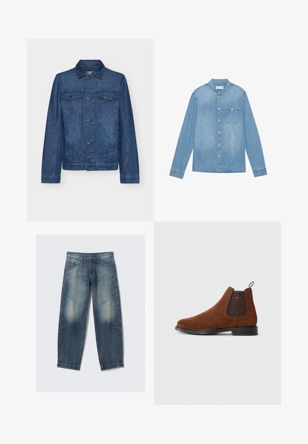 Donkerblauwe spijkerjack met een kraag, lange mouwen, twee borstzakken en knoopsluitingen, met een klassiek ontwerp en stevige textuur.; Lichtblauw denim overhemd met knopen, lange mouwen, spitse kraag, één borstzak en subtiele vervaging op de stof.; Lichtblauwe denim jeans met een losse pasvorm, voorzien van vervaagde vlekken, voorzakken en diagonale naadtoevoegingen. Rechte pijp ontwerp.; Bruine suède Chelsea-boot met een elastische zijpaneel, een lus aan de achterkant, een zwarte zool en een subtiel "GANT"-logo op het zijpaneel.