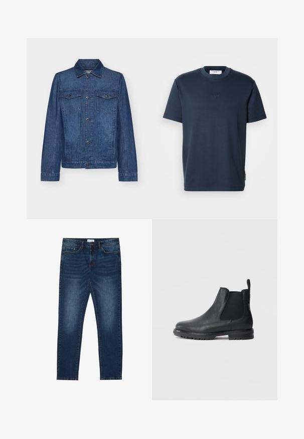 Veste en denim bleu foncé avec un col, des manches longues, deux poches poitrine et des fermetures à boutons, présentant un design classique et une texture robuste.; T-shirt en coton bleu marine foncé à manches courtes, avec un col rond et un logo brodé discret à l'avant. Texture lisse, coupe décontractée.; Jean slim-fit bleu foncé avec des détails délavés, design classique à cinq poches, fermeture à bouton et passants de ceinture.; Bottes Chelsea en cuir noir avec inserts élastiques sur les côtés, bout arrondi et semelle en caoutchouc texturée. Tirette à l'arrière pour faciliter l'enfilage.