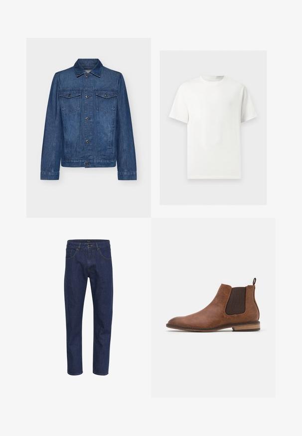 Dunkelblaue Jeansjacke mit Kragen, langen Ärmeln, zwei Brusttaschen und Knopfverschlüssen, die ein klassisches Design und eine robuste Textur aufweist.; Ein einfaches weißes T-Shirt mit kurzen Ärmeln und Rundhalsausschnitt, dargestellt auf einem hellgrauen Hintergrund.; Dunkelblaue Jeans aus Denim mit geradem Schnitt, fünf Taschen und gelben Nähten an den Säumen. Der Stoff hat eine glatte Textur.; Braune Leder Chelsea-Boots mit elastischen Seitenpaneelen, runder Spitze und Zugschlaufe. Verfügt über eine strukturierte Oberfläche und einen niedrigen Holzabsatz.