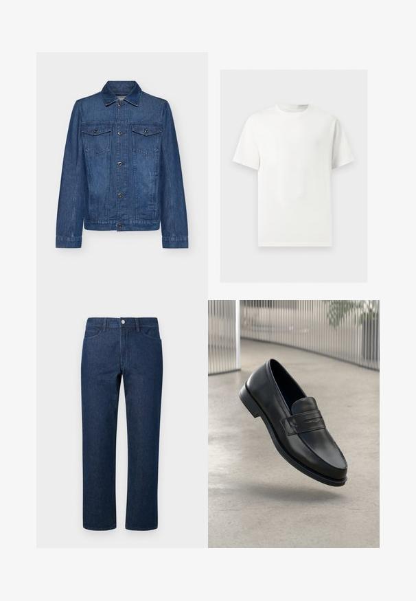 Mørkeblå denimjakke med krave, lange ærmer, to brystlommer og knaplukninger. Jakken har et klassisk design og en robust tekstur.; Enkelt hvid T-shirt med korte ærmer og rund hals vist på en lysegrå baggrund.; Mørkeblå lige ben jeans med forlommer, bælteløkker og en metalknaplukning i taljen mod en ensfarvet baggrund.; Sort lædersko med glat tekstur, spids tå og en dekorativ rem over vristen. Letvægts sål, minimalistisk design.