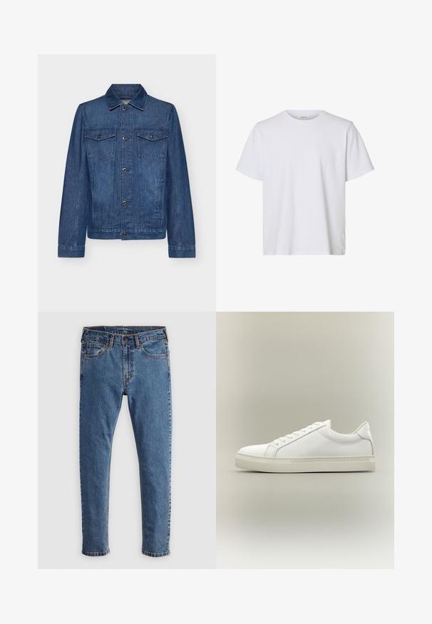 Mørkeblå denimjakke med krave, lange ærmer, to brystlommer og knaplukninger. Jakken har et klassisk design og en robust tekstur.; Enkelt hvid kortærmet T-shirt med rund hals, almindelig pasform og glat stofstruktur, vist på en hvid baggrund.; Blå denim jeans med lige skæring, fem lommer, orange syninger og en klassisk knap- og lynlåslukning. Slidt tekstur langs benene.; Hvid lavtop sneaker med snørebånd foran og tyk sål, vist fra siden mod en neutral baggrund.
