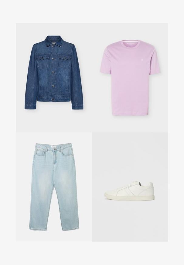 Veste en denim bleu foncé avec un col, des manches longues, deux poches poitrine et des fermetures à boutons, présentant un design classique et une texture robuste.; T-shirt mauve clair à manches courtes avec col rond et petit logo blanc "M OP" sur le côté gauche de la poitrine, présenté sur un fond blanc.; Jean en denim bleu clair avec une coupe décontractée, cinq poches, une fermeture à bouton et un léger délavage. La texture est douce et légèrement usée.; Baskets blanches en cuir montantes basses avec fermeture à lacets et semelle en caoutchouc plate, vues du côté intérieur sur un fond uni.