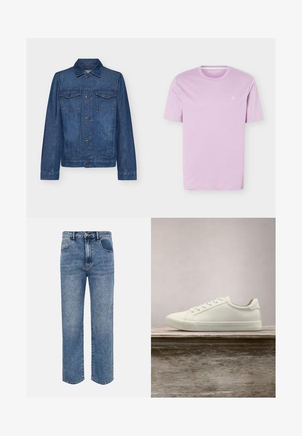 Veste en denim bleu foncé avec un col, des manches longues, deux poches poitrine et des fermetures à boutons, présentant un design classique et une texture robuste.; T-shirt mauve clair à manches courtes avec col rond et petit logo blanc "M OP" sur le côté gauche de la poitrine, présenté sur un fond blanc.; Jeans en denim bleu coupe droite avec poches avant, passants pour ceinture, fermeture par bouton et délavage effet usé.; Sneaker en dentelle blanche flottant au-dessus d'un banc en bois avec un feuillage vert en arrière-plan, mettant en valeur le design et la texture de la chaussure.