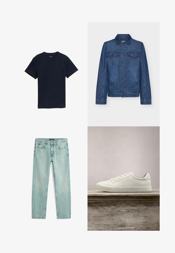 Dunkelblaue Jeansjacke mit Kragen, langen Ärmeln, zwei Brusttaschen und Knopfverschlüssen, die ein klassisches Design und eine robuste Textur aufweist.; Marineblaue Baumwoll-T-Shirt, kurze Ärmel, Rundhalsausschnitt, glatte Textur, einfaches Design, keine Muster oder Akzente, gerade Saumlinie.; Hellblaue Jeans mit geradem Bein, Vordertaschen, Gürtelschlaufen, Knopfverschluss und dezenten Verwaschungseffekten.; Weiße Schnürsneaker, die über einer Holzbank mit grünem Laub im Hintergrund schweben und das Schuhdesign sowie die Textur zeigen.