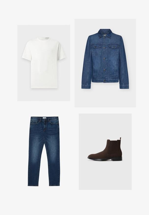 Veste en denim bleu foncé avec un col, des manches longues, deux poches poitrine et des fermetures à boutons, présentant un design classique et une texture robuste.; T-shirt blanc uni à manches courtes et col rond présenté sur un fond gris clair.; Jean slim-fit bleu foncé avec des détails délavés, design classique à cinq poches, fermeture à bouton et passants de ceinture.; Bottines Chelsea en daim marron avec panneaux élastiques sur les côtés, talon bas et une languette à l'arrière. Texture lisse et design épuré.